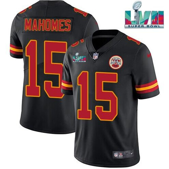 Men??s Kansas City Chiefs #15 Patrick Mahomes Black Super Bowl LVII Patch Vapor Untouchable Limited Stitched Jersey